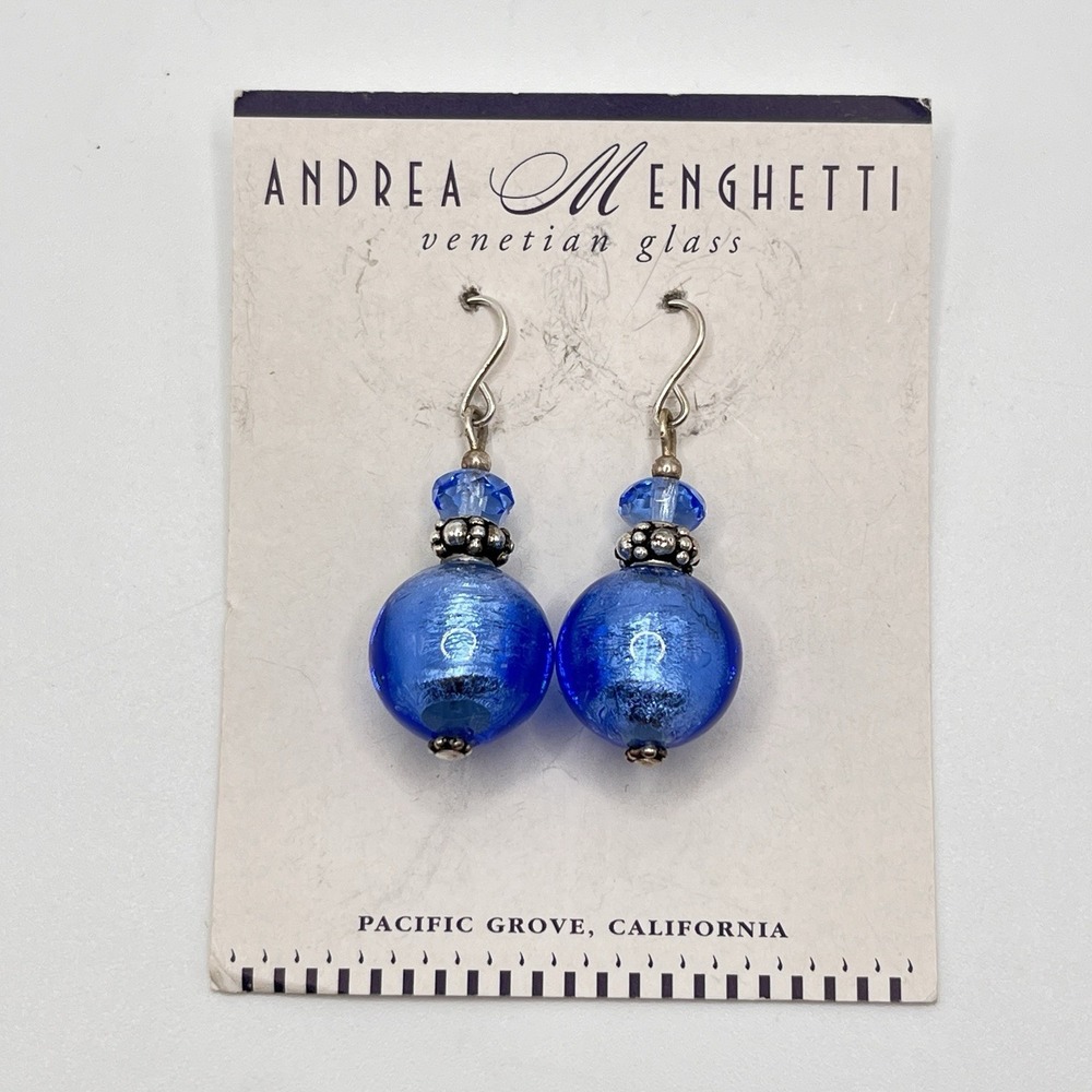ANDREA MENGHETTI Blue Bauble Venetian Art Glass Fish Hook Earrings